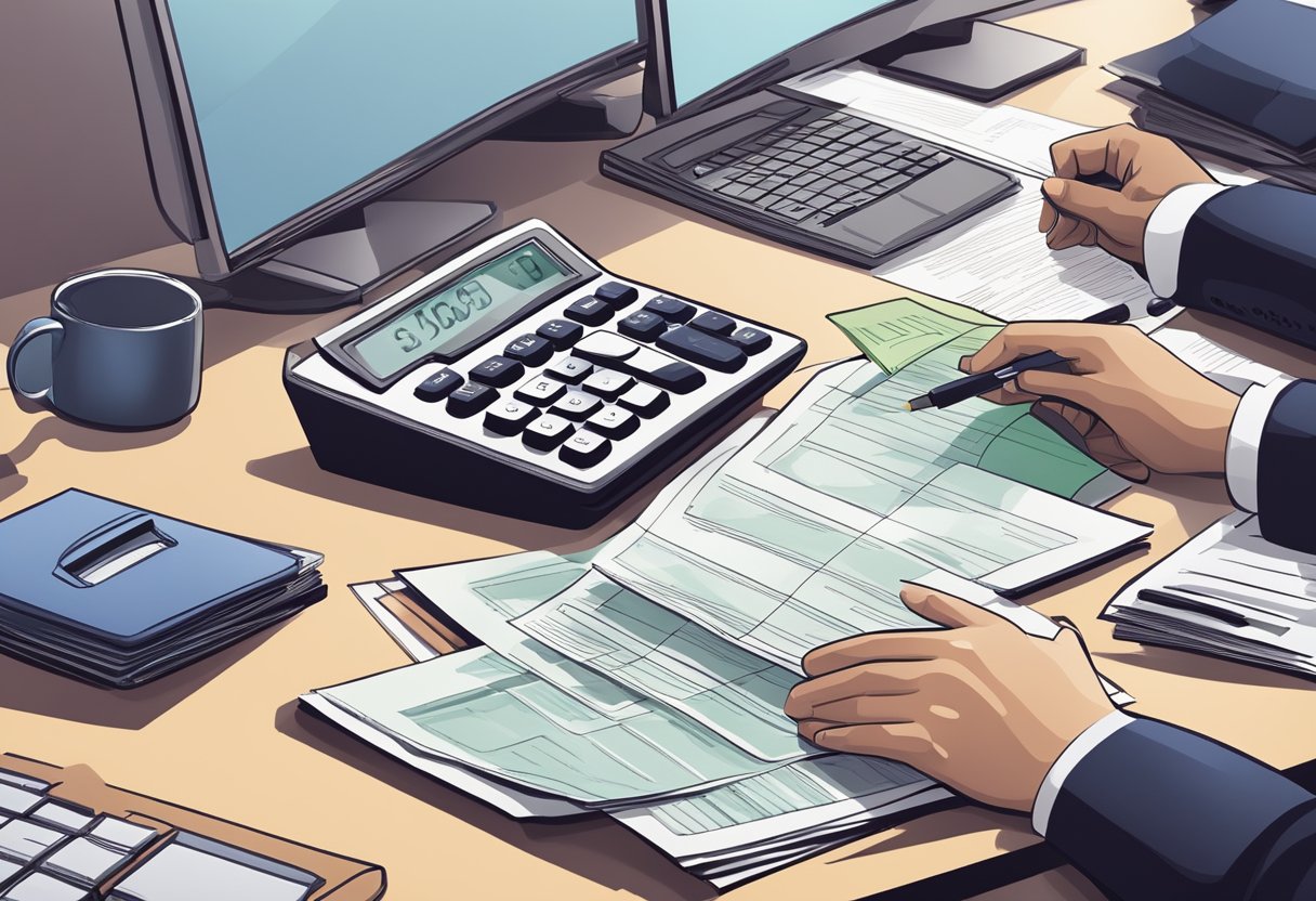 A licensed money lender reviews loan documents at a desk in a professional office setting, with a calculator and paperwork spread out in front of them