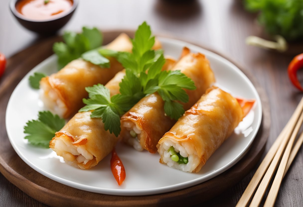 Golden fried prawn spring rolls on a white plate with a side of sweet chili sauce. Garnished with fresh herbs and served on a wooden table