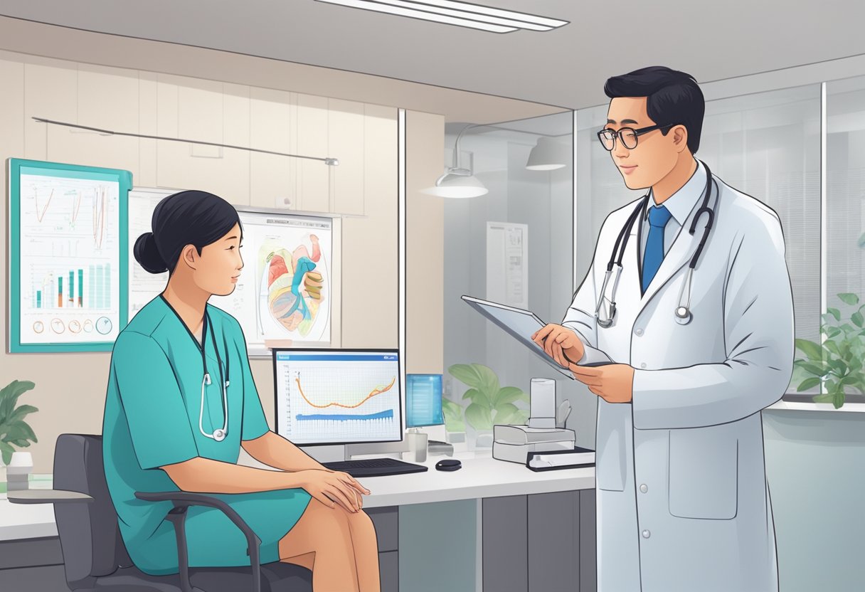A doctor explains heart screening to a patient in a Singapore clinic. Medical equipment and charts are displayed in the background