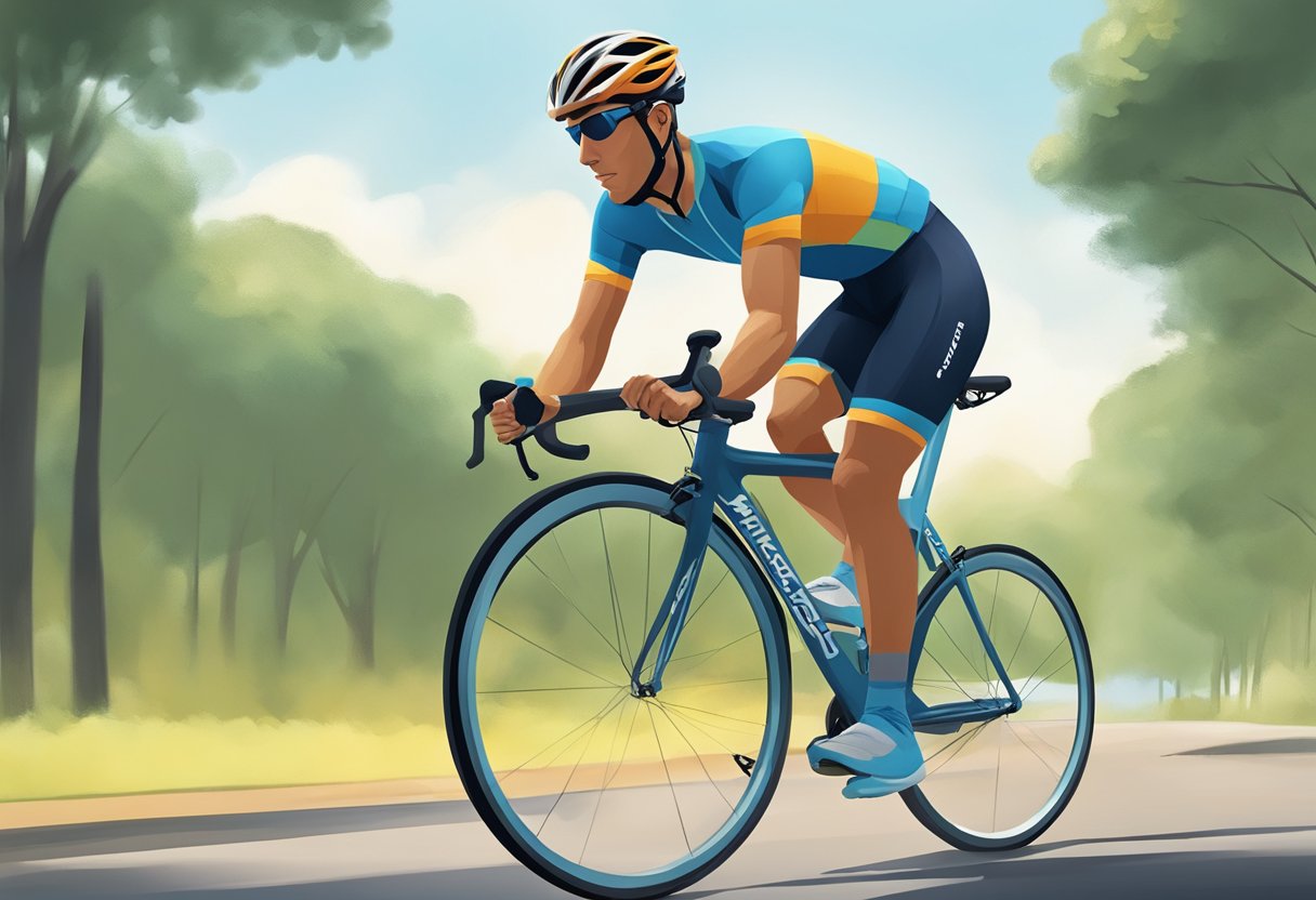 A cyclist pedals at a steady pace, focusing on deep breaths and relaxed muscles to lower their heart rate. The surroundings are calm and serene, with a gentle breeze and a peaceful atmosphere