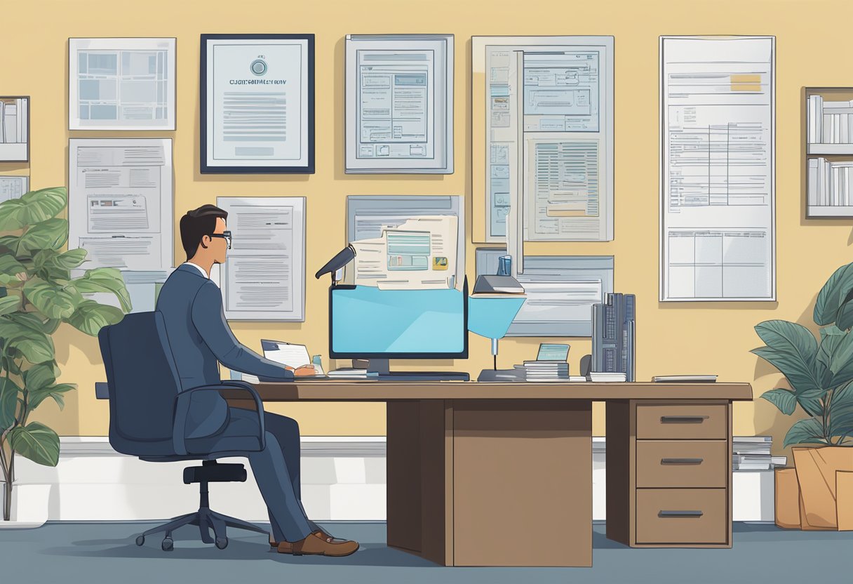 A licensed money lender sits behind a desk, surrounded by paperwork and a computer. A sign on the wall displays the company's license and regulations