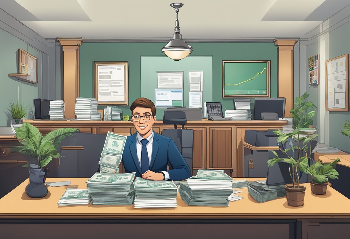A licensed money lender sits behind a desk, offering low-interest loans to clients. The office is clean and professional, with a sign displaying the interest rates prominently