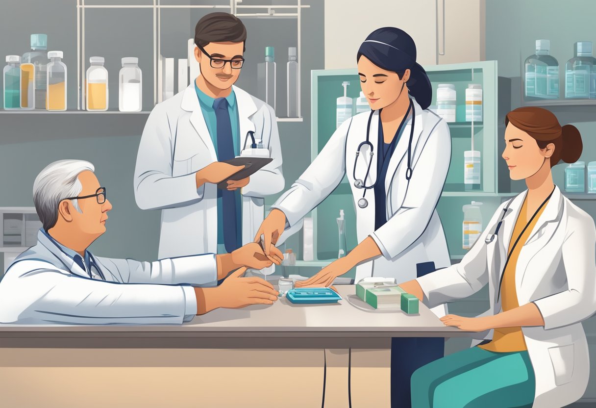 A doctor administers medication to a patient with hypertensive heart disease, while a nurse monitors vital signs and a pharmacist prepares the next dose