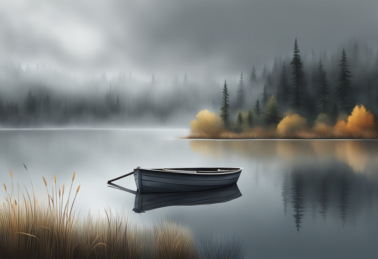 A still lake under a cold, gray sky with mist rising