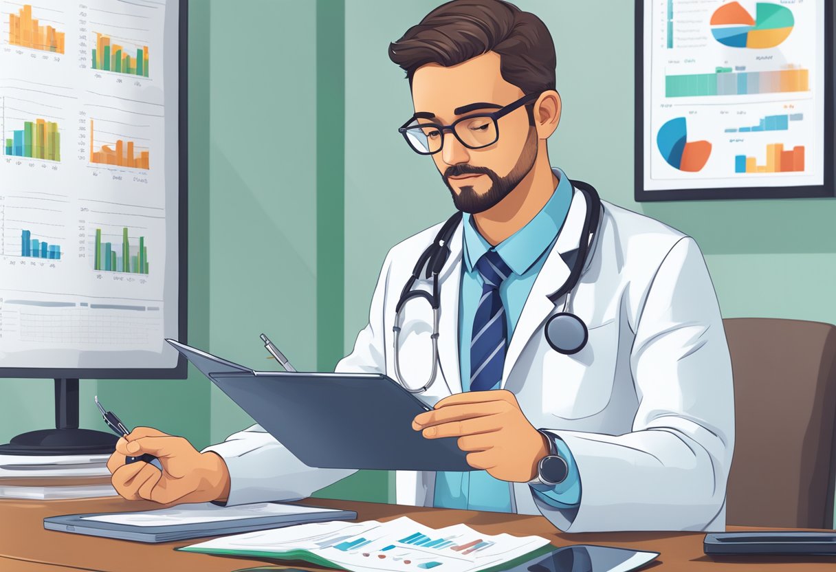 A doctor in a white coat reviewing a clipboard of heart health data, with a stethoscope draped over the desk. A chart displaying key health indicators and risk management strategies is visible on the wall
