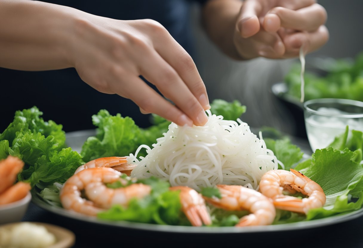 Fresh ingredients laid out: shrimp, rice vermicelli, lettuce, mint, and cilantro. Prawn being peeled and deveined. Wrappers soaking in warm water