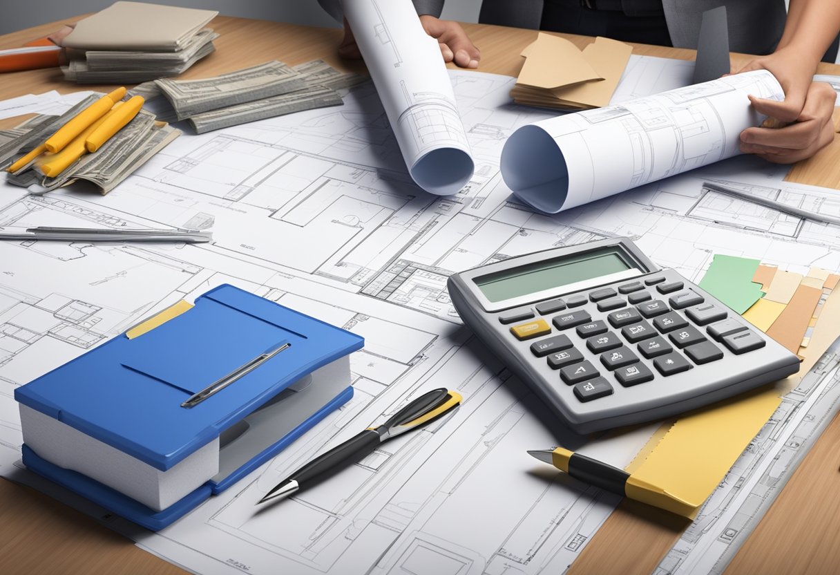 A licensed money lender approves a renovation loan. Blueprints and construction tools are spread out on a desk. A homeowner discusses plans with the lender