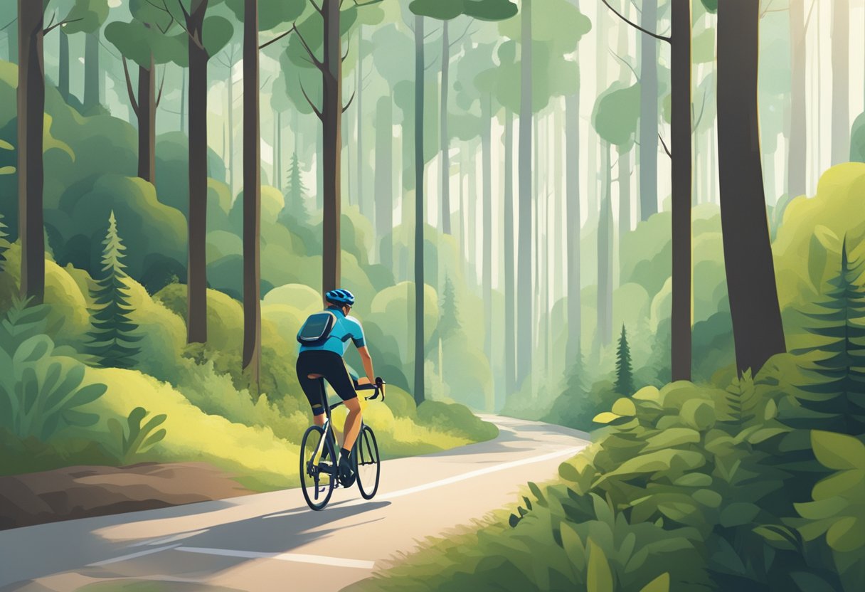 A cyclist pedals through a serene forest, surrounded by tall trees and a winding path. The cyclist's heart rate monitor displays a gradual decrease in heart rate as they maintain a steady pace