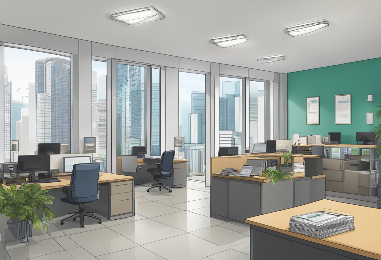 A licensed money lender's office in Singapore, with a sign displaying "low interest" and a professional atmosphere