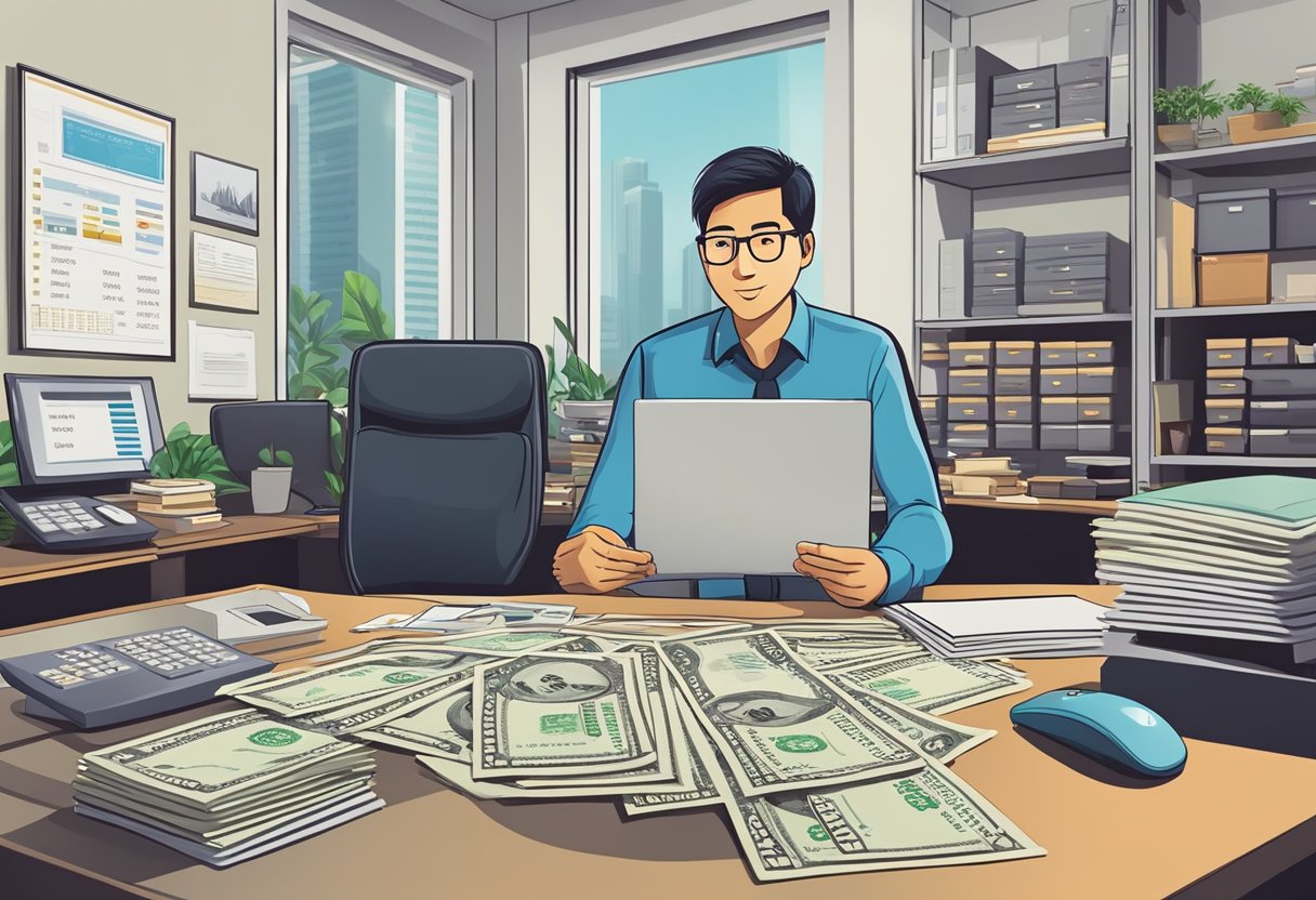 A licensed moneylender in Singapore, with a sign displaying "licensed money lender" and contact information, sits behind a desk with paperwork and a calculator. The office is clean and professional, with a welcoming atmosphere