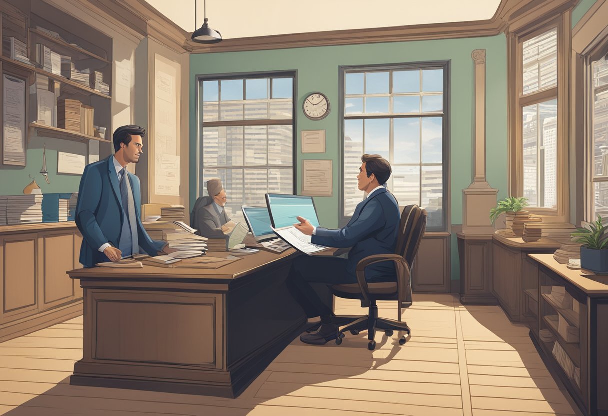 A moneylender sitting at a desk, explaining loan terms to a customer. A sign on the wall displays interest rates and regulations