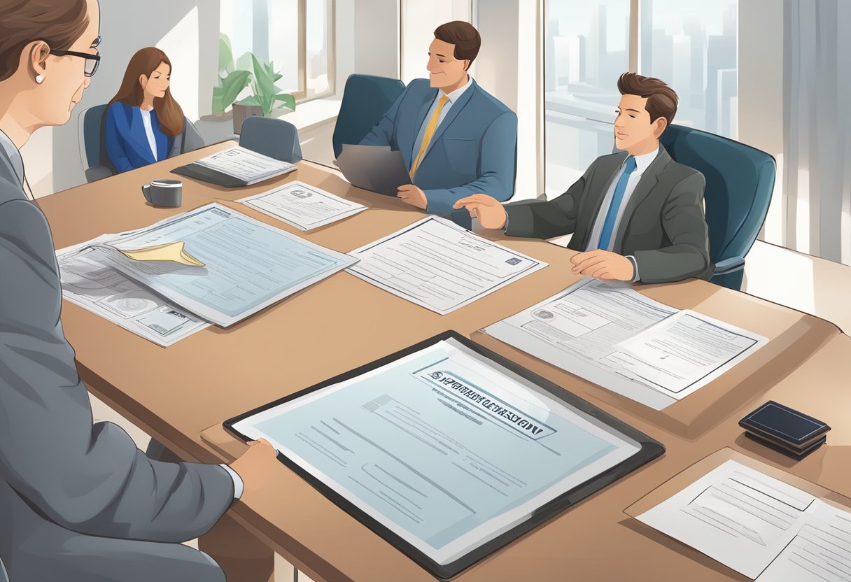 A person receiving their official license from a government official, with a certificate and paperwork on a desk