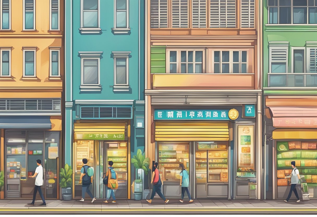 A row of ten licensed money lender storefronts in Singapore. Brightly lit signs and busy foot traffic
