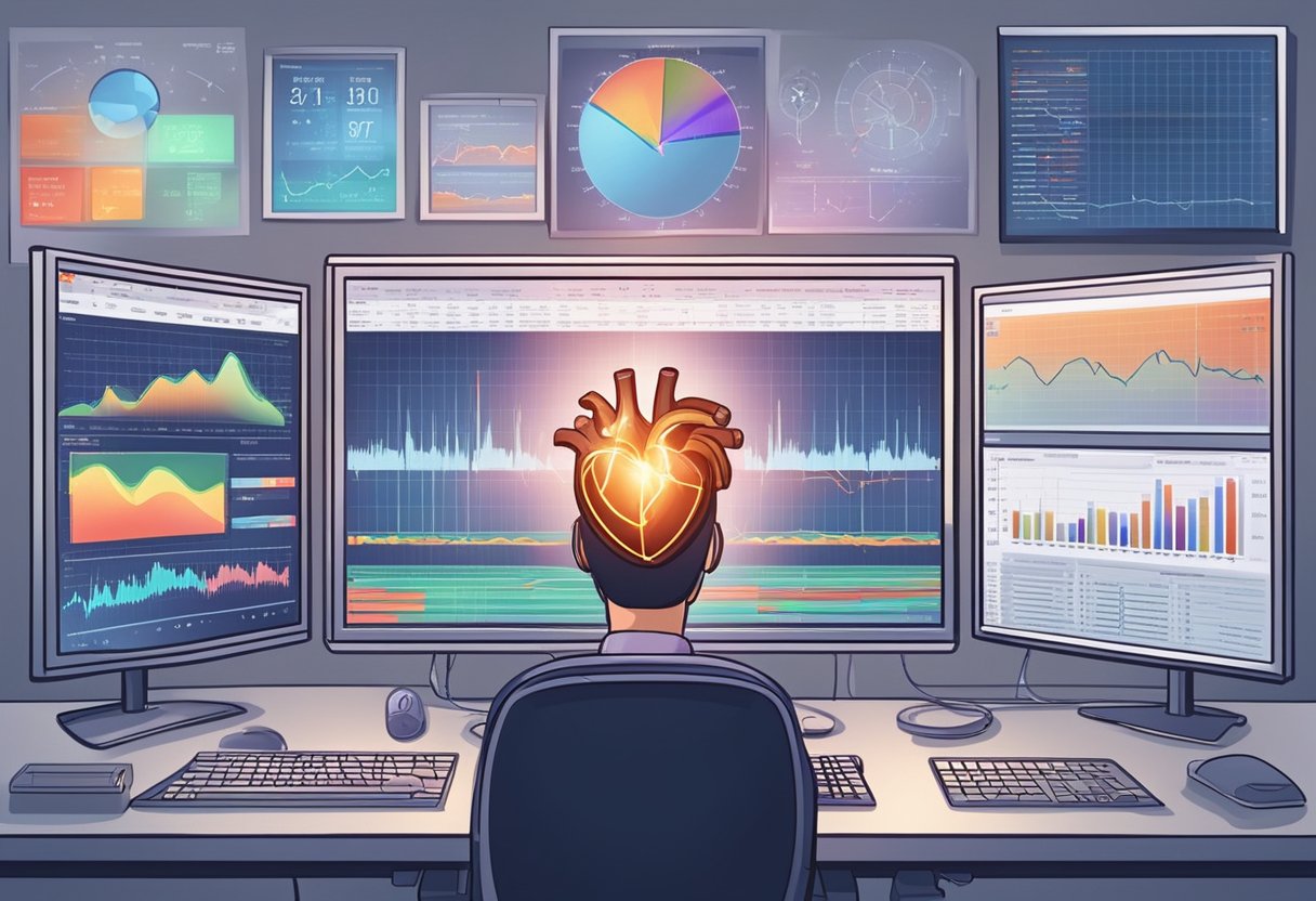 A heart racing with speed, surrounded by medical charts and monitors