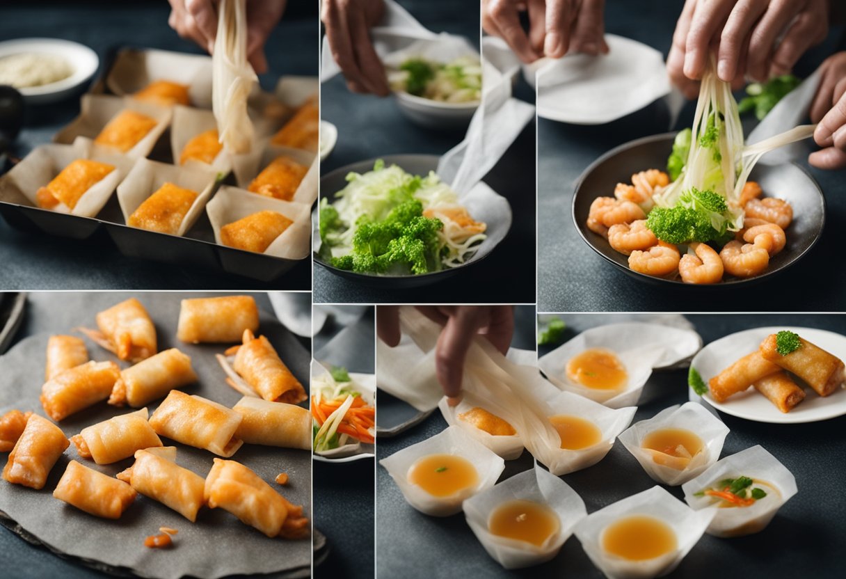 Prawn and vegetable filling being wrapped in spring roll wrappers, then fried in hot oil