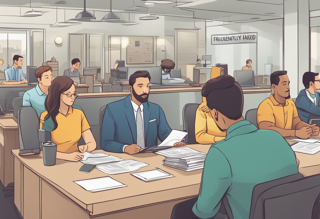 A licensed money lender answering questions at a desk with a sign reading "Frequently Asked Questions." Customers wait in line