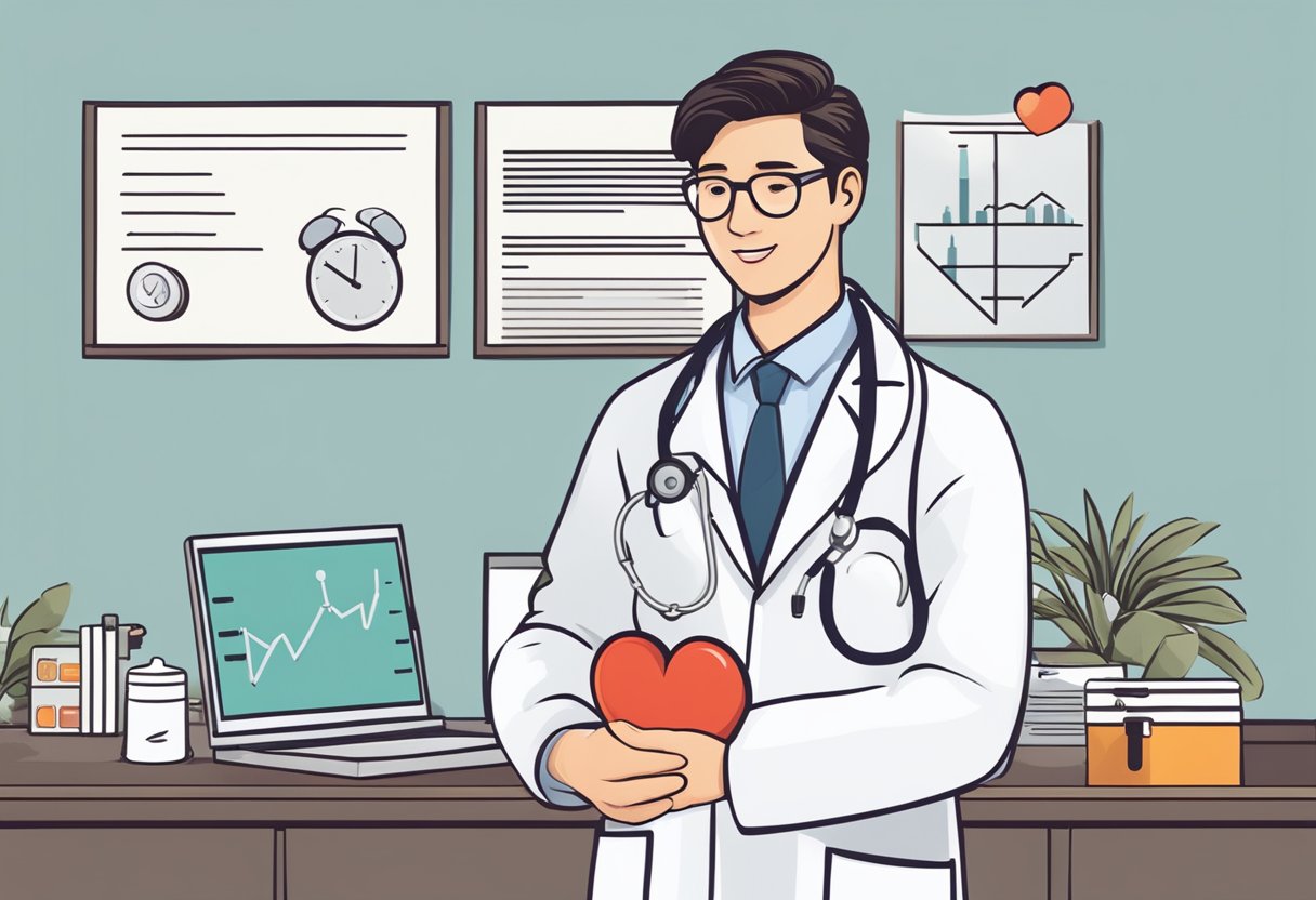 A doctor in a white coat holding a stethoscope to check a heart, with a sign reading "Frequently Asked Questions heart check up Singapore" in the background