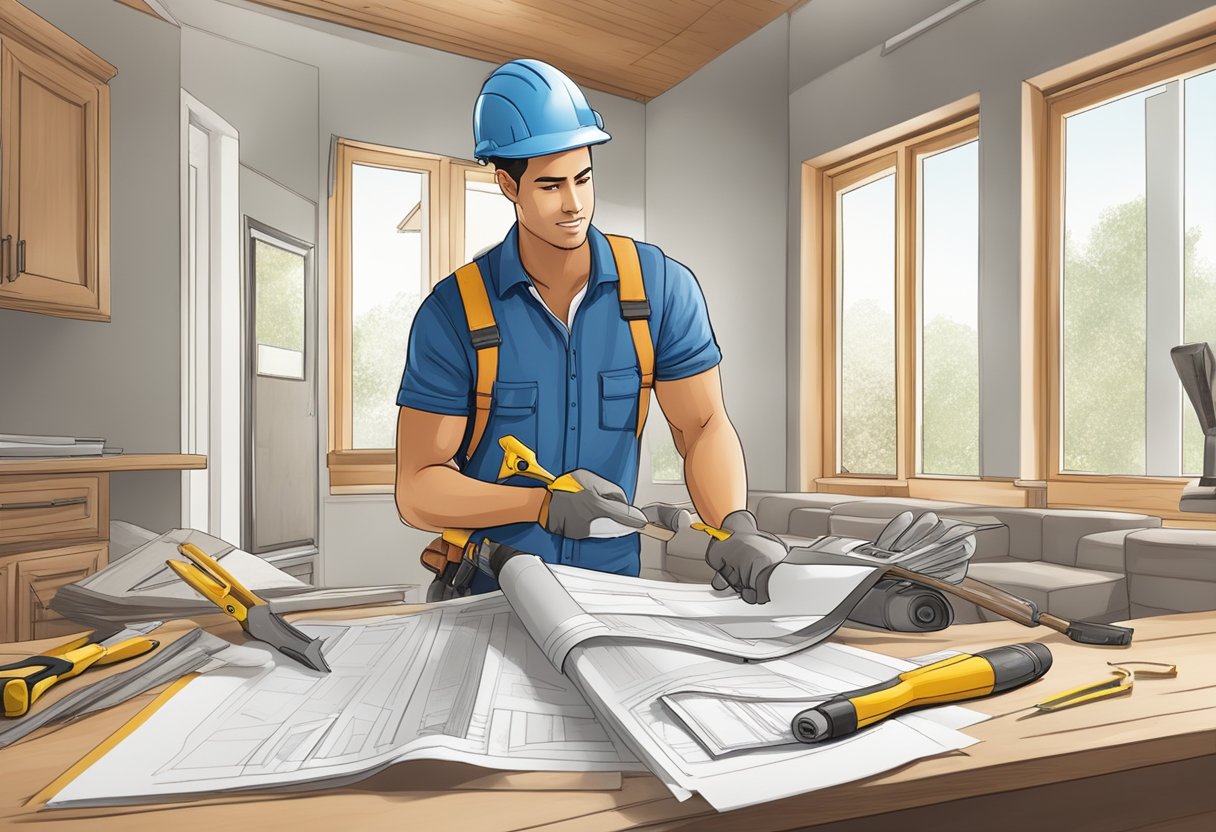 A construction worker using tools to renovate a house interior, with a licensed money lender renovation loan document displayed nearby