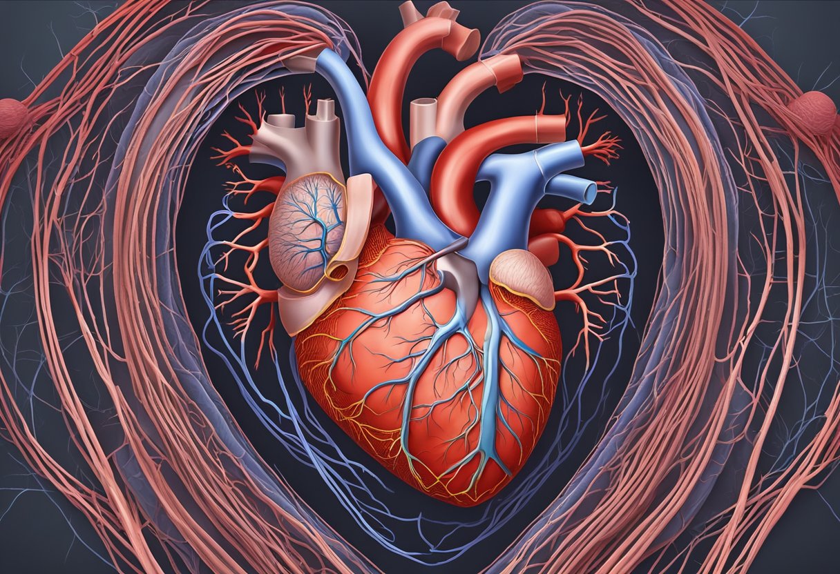 A heart surrounded by constricted blood vessels, causing reduced blood flow and oxygen to the heart muscle
