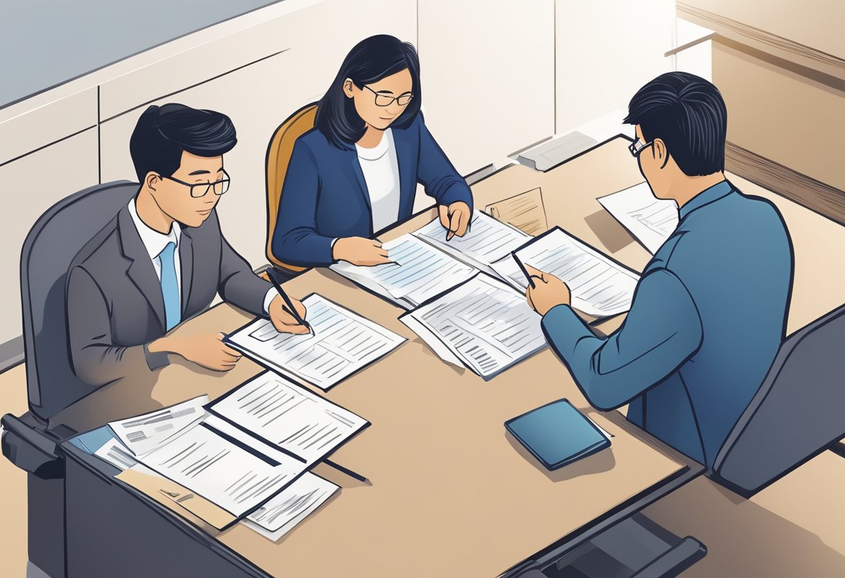 A borrower signing loan documents at a licensed money lender office in Singapore's East Region. The lender's representative is explaining terms and conditions