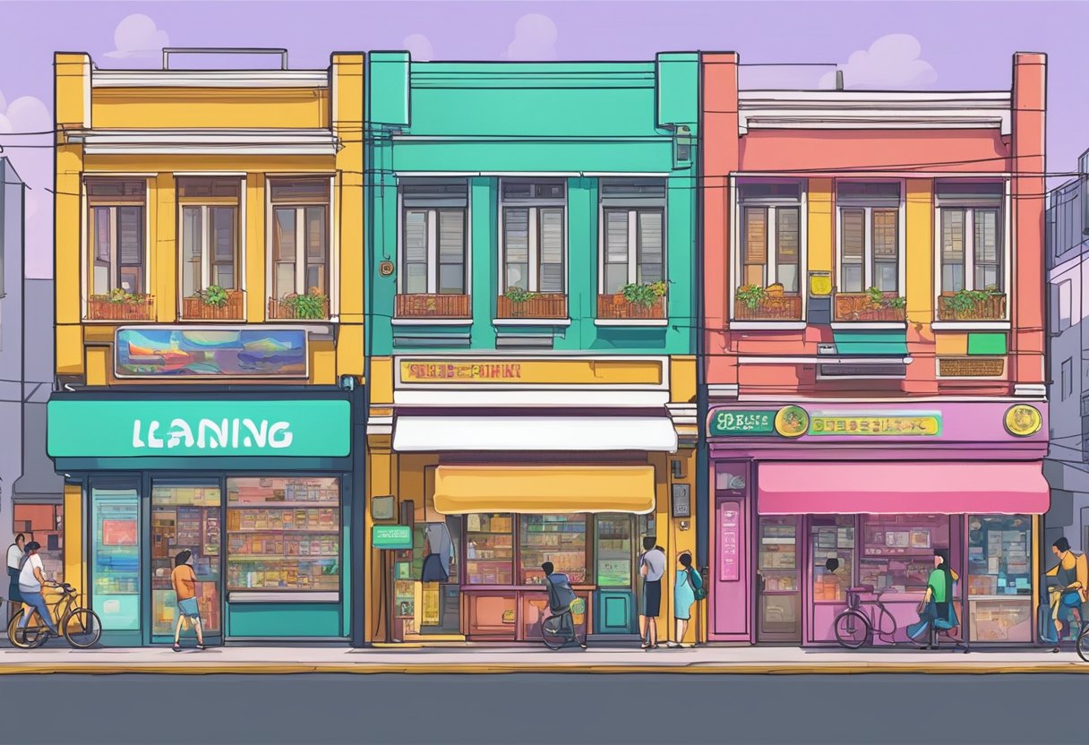 A bustling street in Geylang, with colorful shop fronts and neon signs advertising licensed money lending services