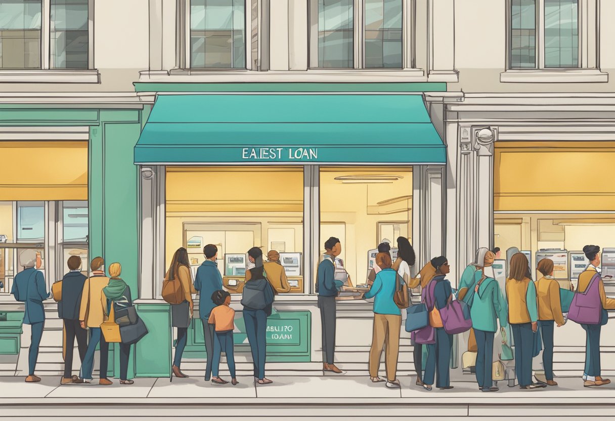 A line of people at a bank, with a sign reading "Easiest to Loan Money Lenders" above the teller windows