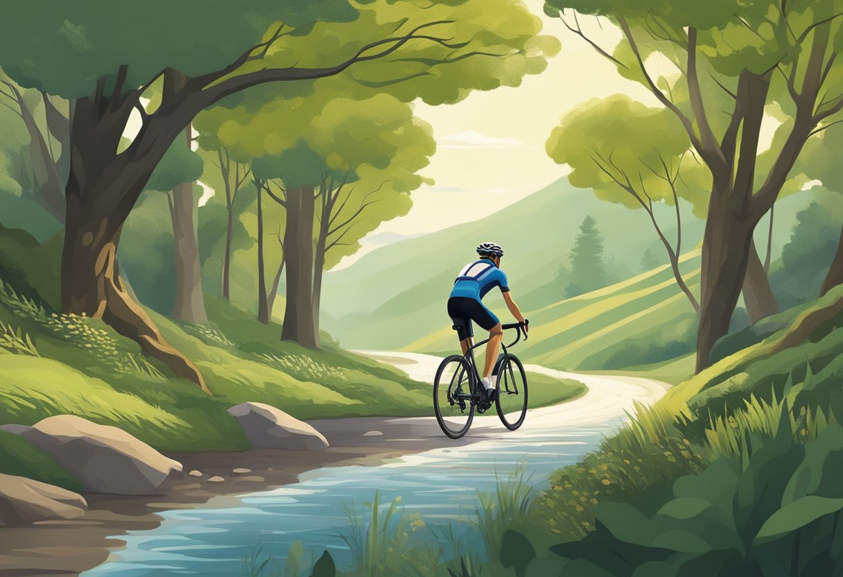 Cyclist rides through serene natural landscape, surrounded by calming elements like trees, flowing water, and gentle rolling hills