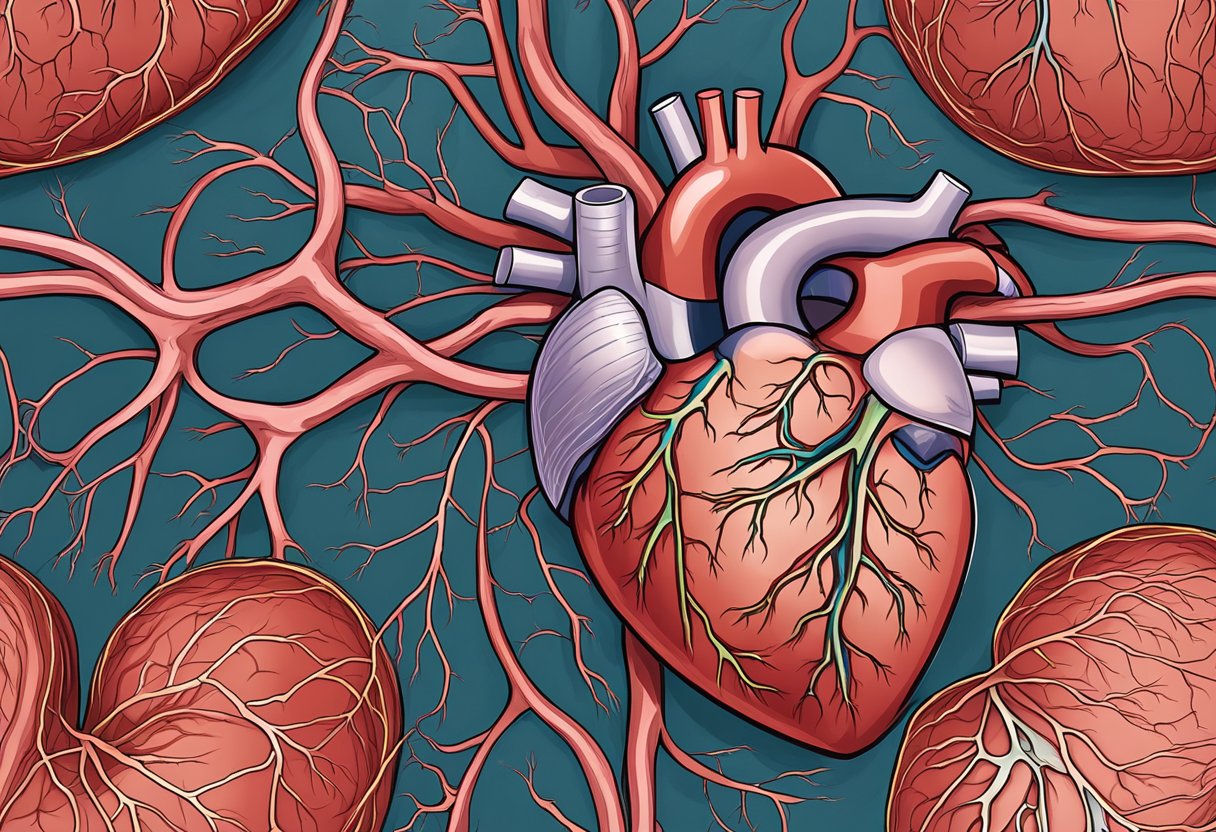 A heart surrounded by blocked arteries, causing reduced blood flow and oxygen to the heart muscle