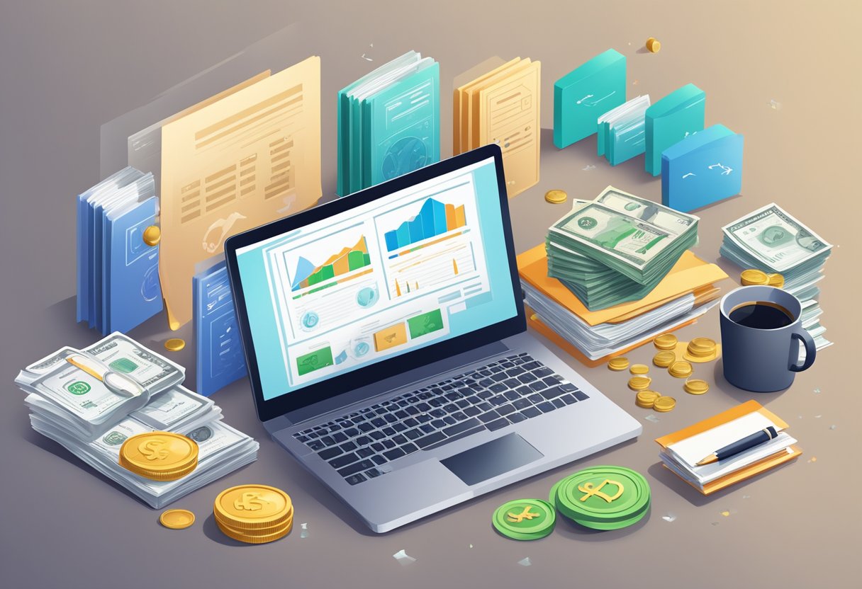 A desk with various loan documents and repayment charts, surrounded by a diverse range of currency symbols and financial icons