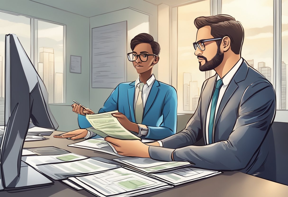 A borrower receives practical information from a licensed money lender with low interest rates. The lender explains terms and conditions in a professional office setting