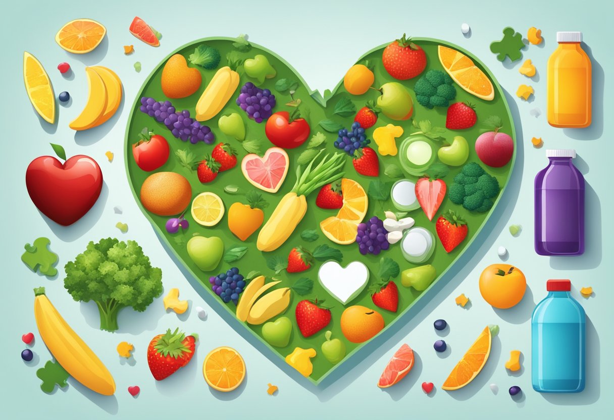 A heart-shaped puzzle with missing pieces, surrounded by medication bottles and a healthy lifestyle symbol, such as a running shoe or a plate of fruits and vegetables
