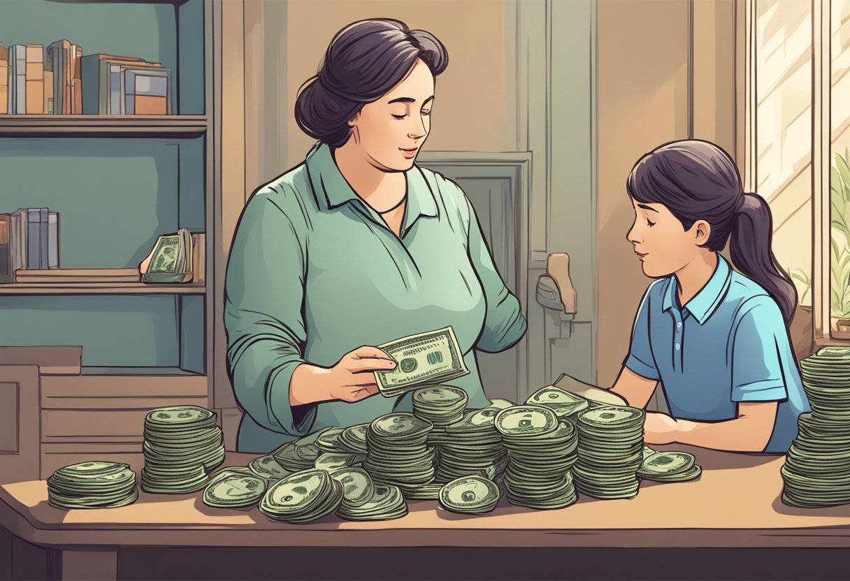 The mom hands money to a shady figure, while nervously looking around