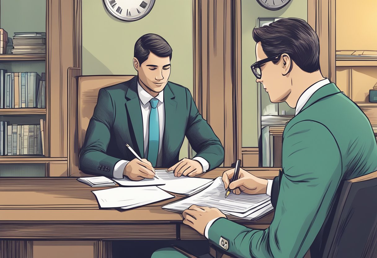 A person signing a loan agreement with a lender at a desk