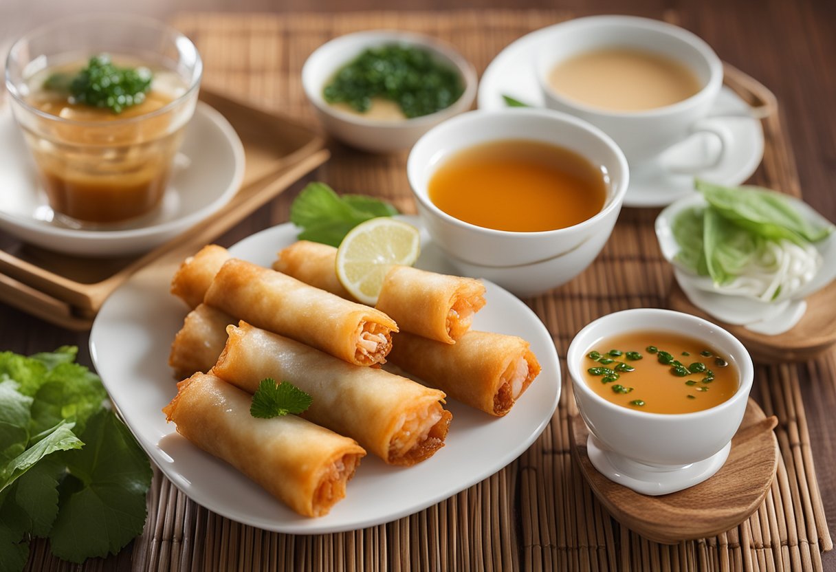 A plate of golden, crispy Thai prawn spring rolls surrounded by a variety of dipping sauces. A steaming cup of fragrant jasmine tea sits nearby