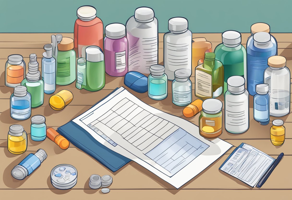 A table with various heart failure medications, pill bottles, and a prescription pad