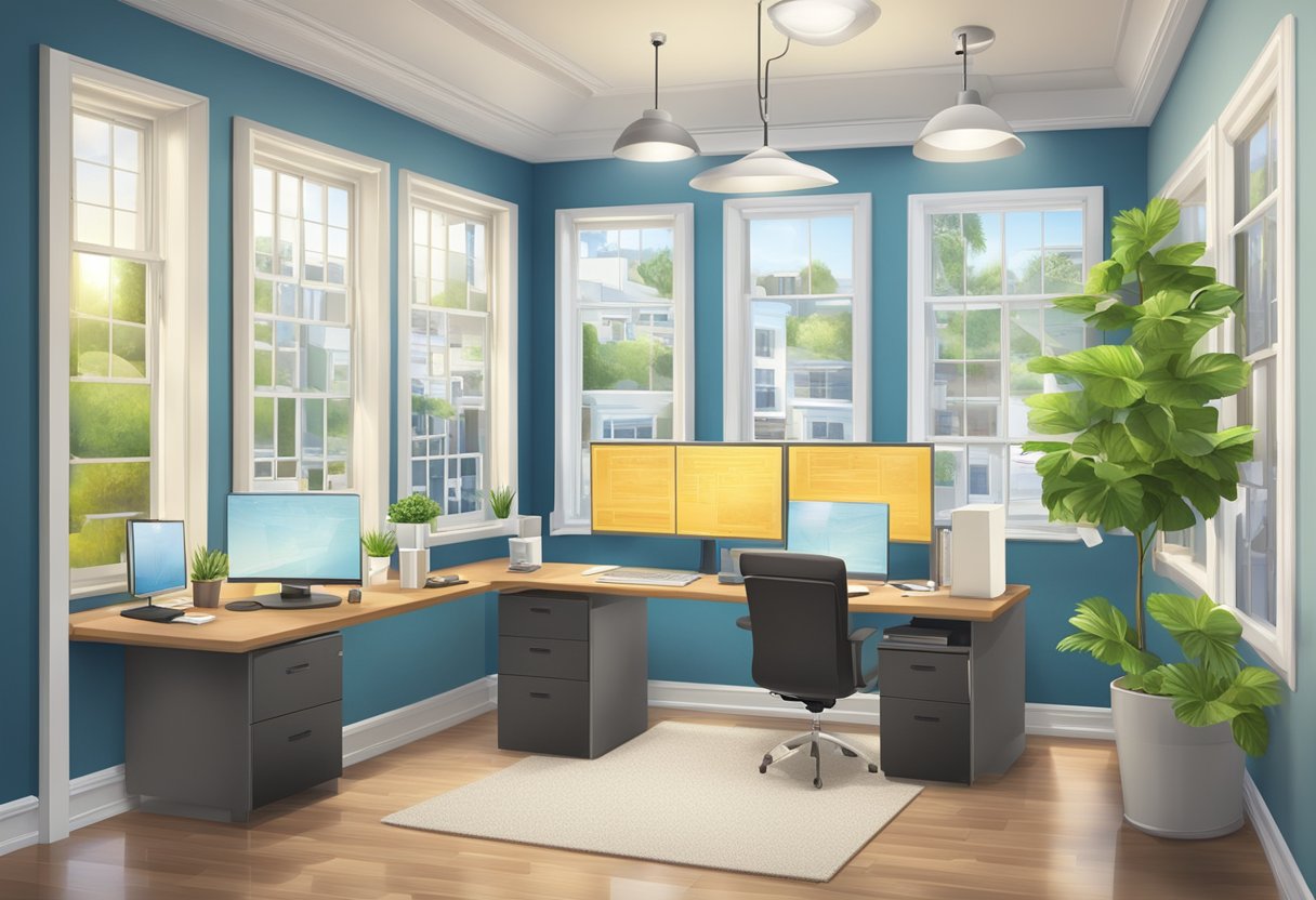 A licensed money lender office with a sign "Frequently Asked Questions" and a renovation loan advertisement. Bright and welcoming atmosphere