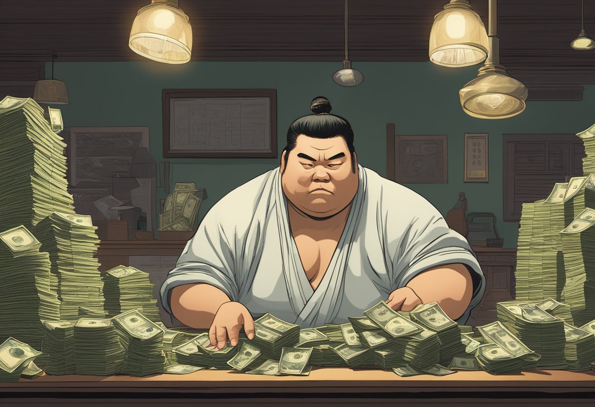 A sumo wrestler sits behind a desk piled high with money, counting stacks of bills with a focused expression. The room is dimly lit, with the only source of light coming from a single hanging lamp above the desk