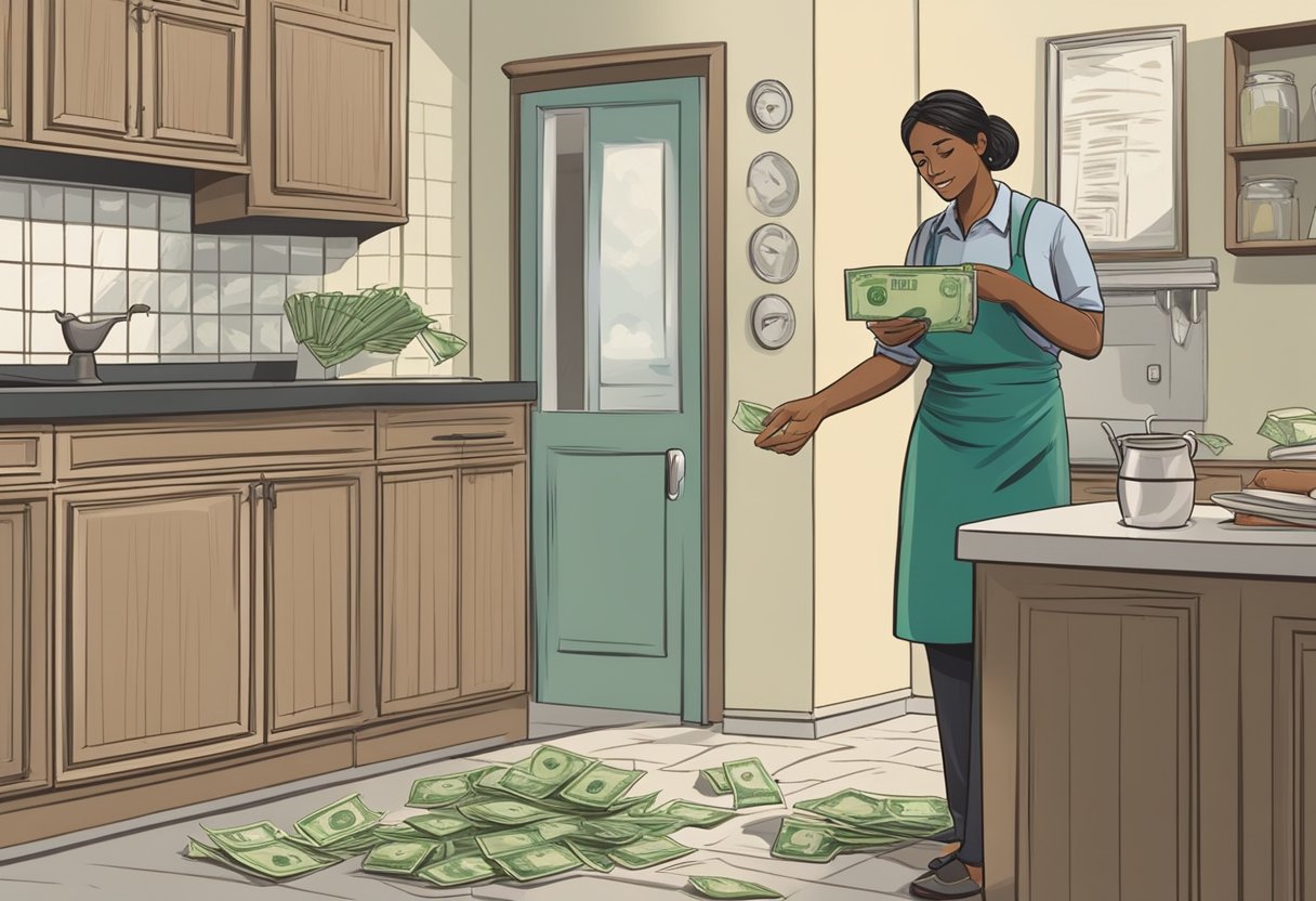 A domestic worker nervously receives money from a shady lender, while a warning sign about the risks of borrowing looms in the background