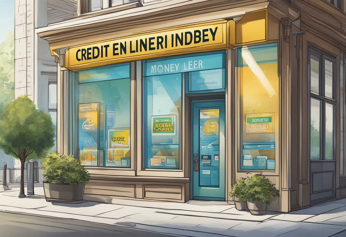 A sign reading "RTG Credit Licensed Money Lender" on a storefront window