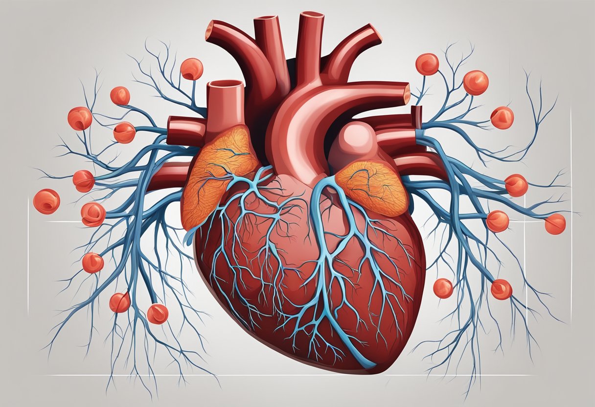A heart with narrowed arteries, blood struggling to flow. FAQ signs nearby