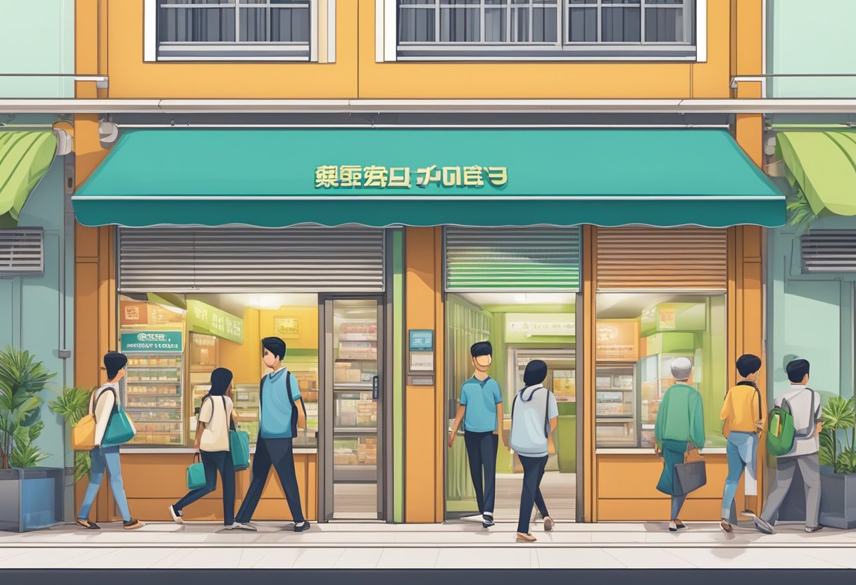 A licensed money lender's storefront in Geylang, with a prominent sign and customers entering and exiting the premises