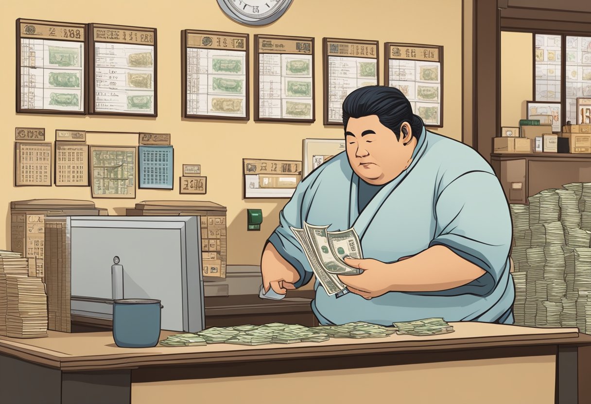 A sumo money lender stands behind a counter, counting and exchanging cash with a customer. The office is neat and organized, with posters displaying loan terms and interest rates on the walls