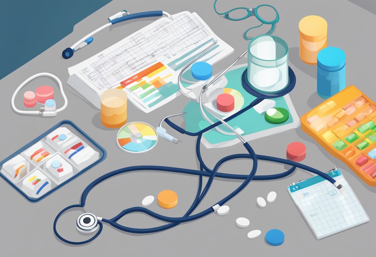 A table with various heart failure medications, a stethoscope, and a chart displaying quality of life indicators