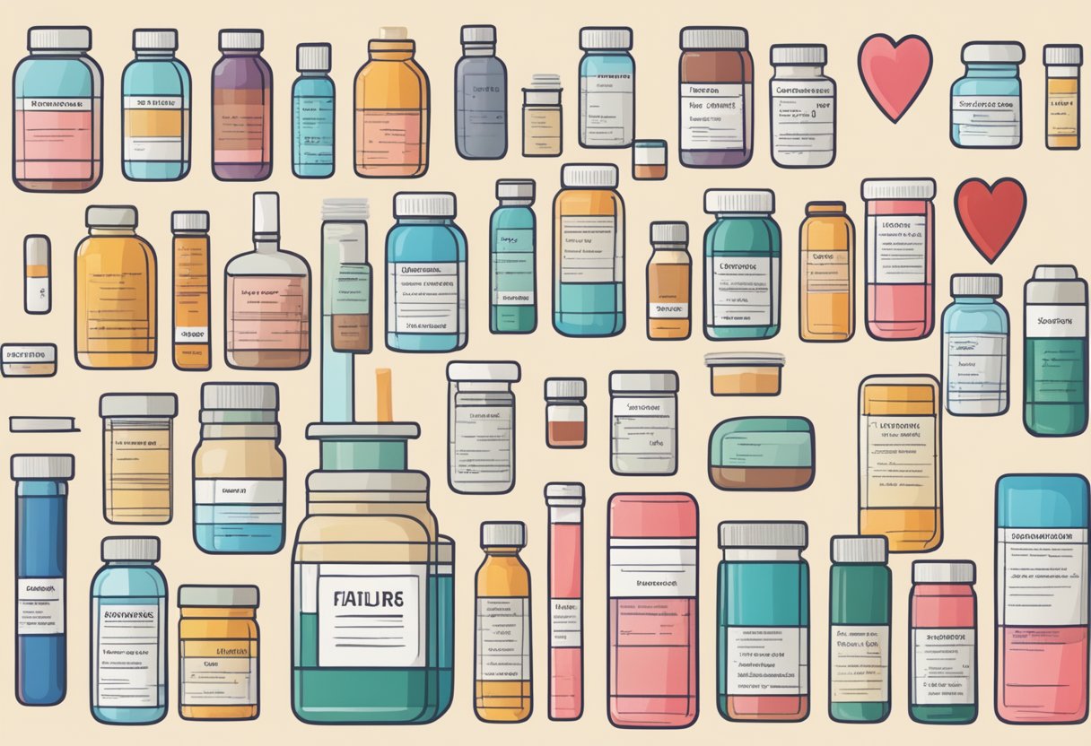 A table with various heart failure medications labeled and organized for easy access