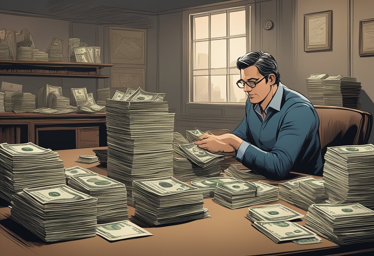 A moneylender sits behind a desk, counting stacks of cash while a borrower anxiously waits for approval. The room is dimly lit, with legal documents scattered on the table