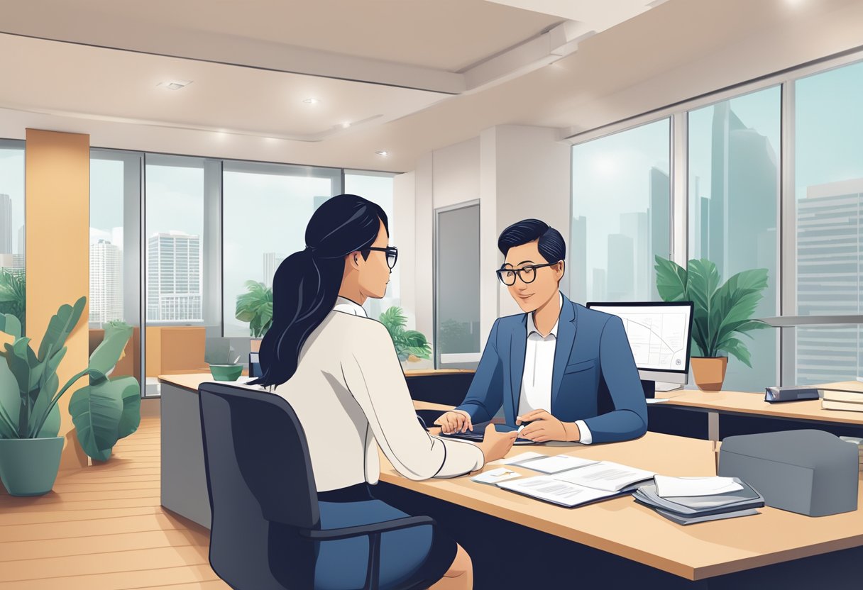 A customer sits at a desk, discussing loan products with a licensed money lender in a modern office setting in Geylang. The lender provides a welcoming and professional customer experience