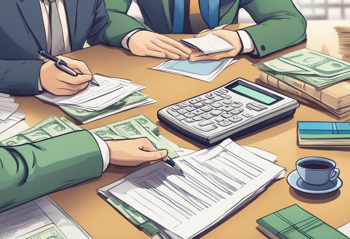 A borrower submitting loan documents to a sumo money lender, with a stack of papers, a pen, and a calculator on the table