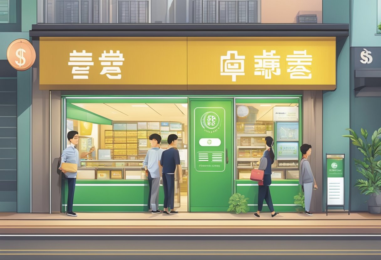 A licensed money lender's storefront in Kallang, with a prominent sign and customers entering and exiting