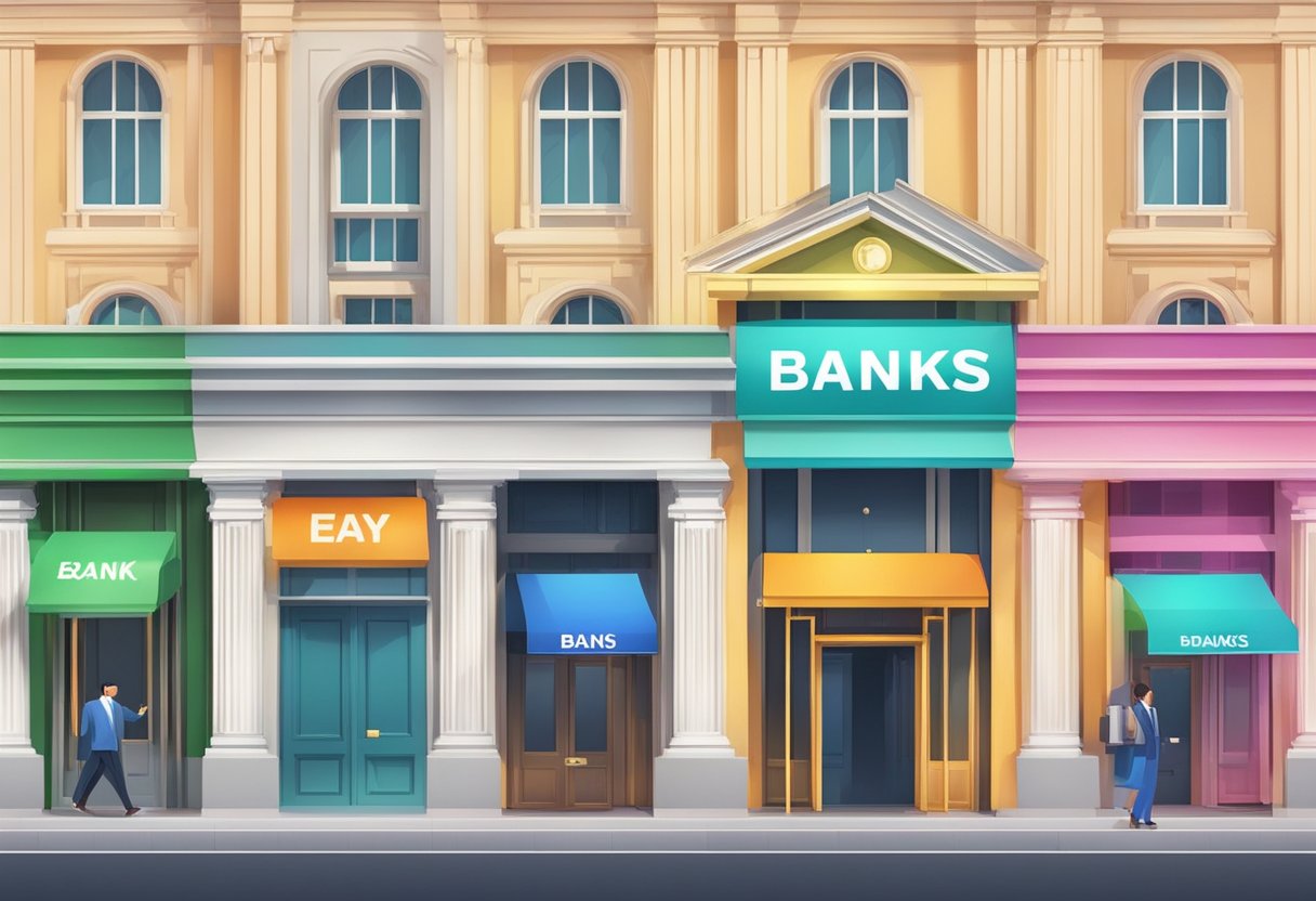 A row of banks and financial institutions with bright signs and open doors, indicating easy access to loan providers