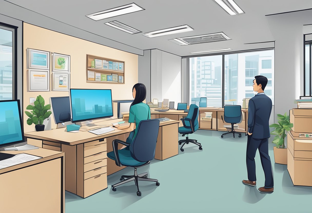 A licensed moneylender in Kallang, with a prominent signboard, a neat and organized office, and a professional-looking staff assisting customers